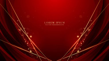 Çapraz altın çizgili kırmızı kavisli şekil, parlak noktalar, parlak ışık ve kırmızı zemin üzerindeki bokeh efektleri. Lüks biçim vektör tasarımı