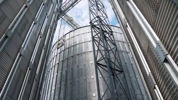 Exterior Modern Agricultural Factory Silver Grain Elevators Large Metal Silos — Stock Video