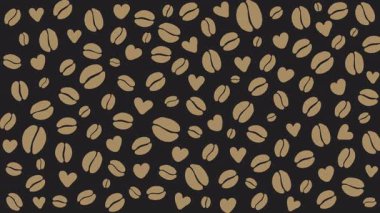 Kahverengi kahve çekirdekleri ve siyah arka planda kalpler. Kahve dükkanının simgelerinin koyu renkli bir animasyonu.