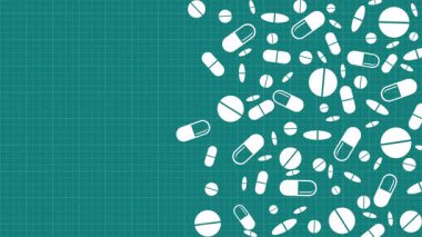 Teal ızgarası arka planında kümelenmiş hap simgeleri ve metin için boş boşluk. Tıbbi animasyon çerçevesi. Döngülü.