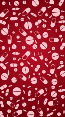 Kırmızı arka planda dağınık beyaz hap şekilleri var. Tıbbî geçmişi döngüye sokmuş. Dikey video.