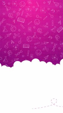 Beyaz bilim ve eğitim karalamalarıyla pembe gradyan arka plan. Animasyon okulu çerçevesi beyaz bulut şeklinde. Döngülü. Dikey video.