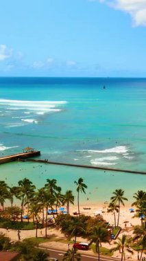 Hawaii, Oahu kıyısındaki modern bir gökdelenin havadan görünüşü. Jetty, palmiye ağaçları ve temiz su tropikal sahneyi tamamlar. Dikey video.