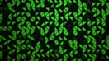 Oku oluşturan yeşil üçgenler ve simge şekilleri siyah arkaplan üzerinde ızgara düzeni. Yüksek kontrast ve tekrarlama. Döngü canlandırması.