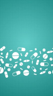 White pill and capsule silhouettes over teal grid background. Represents medicine, pharmacy, or healthcare. Loop animation. Vertical video.
