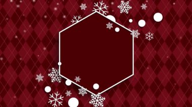 White snowflakes and circles surrounding dark red hexagon on red diamond patterned background. Festive winter frame. Loop animation.