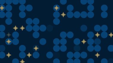 Clusters of blue circles and scattered gold stars on dark background. Abstract and festive. Loop animation.