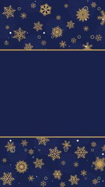 Koyu mavi arka plan boyunca altın ve beyaz kar taneleri ve parıltılı çerçeve sıralanmış. Döngü animasyonu. Dikey video.