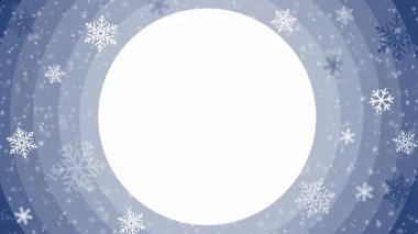 Mavi halkalar ve kar taneleriyle çevrili beyaz daire. Hafif kar yağışı etkisi. Metin için boş alan. Kış sınırı. Döngü canlandırması.