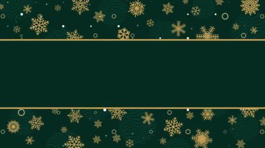 Altın sarısı kar taneleri ve yüzükler koyu yeşil arka planda, merkez sancak altınla çevrili. Süslü kış çerçevesi. Döngü canlandırması.