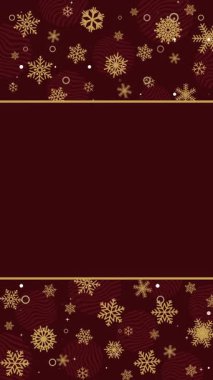 Altın kar taneleri ve yüzükler kestane rengi arka planda, merkez sancak altınla çevrili. Döngü animasyonu. Dikey video.