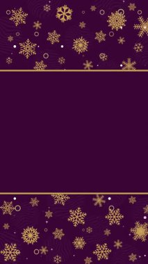 Kar taneleri ve yıldızlar beyaz, altın ve mavi ile koyu mavi arka plan boyunca dizilmiş. Şenlikli kış aralığı. Döngü animasyonu. Dikey video.