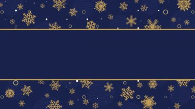 Kar taneleri ve yıldızlar beyaz, altın ve mavi ile koyu mavi arka plan boyunca dizilmiş. Şenlikli kış aralığı. Döngü animasyonu. Dikey video.