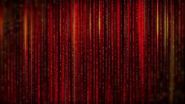 Dikey parlayan çizgilerin yatay bileşimi ve altın parçacıklar sinematik perde etkisi yaratıyor. Lüks kırmızı ve altın soyut ışık arka planda kalır. Döngü canlandırması.