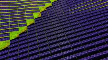 Geometrik bir ızgarada dizilmiş güneş panellerinin yukarıdan aşağıya doğru hava perspektifi. Mavi paneller yeşil çimlerle tezat oluşturuyor. Fotovoltaik dizinin düzenli yapısı ve tekrarlayan desenleri.