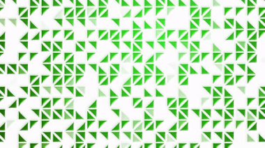 Parlak yeşil ve beyaz üçgenlerin soyut geometrik bileşimi üç boyutlu kabartmalı bir etki yaratıyor. Döngü canlandırması.