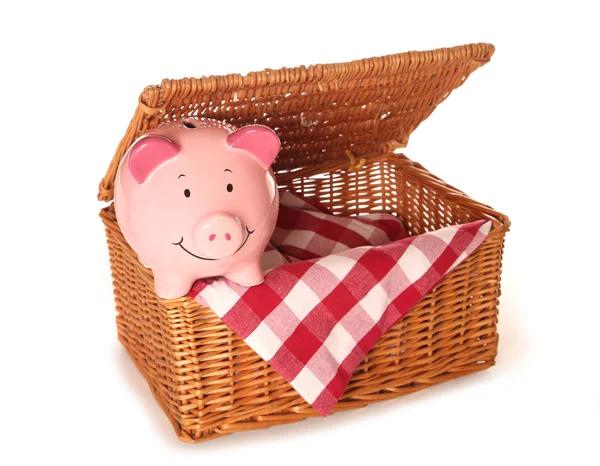 Picknickkorb und Sparschwein leer — Stockfoto