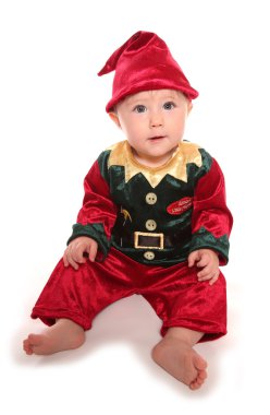 Bebek elfs santas küçük yardımcı fantezi elbise kostüm giymiş.
