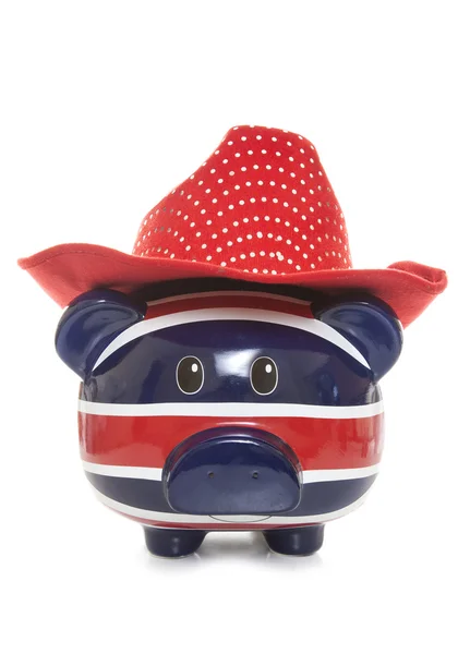 Britânico porquinho banco vestindo cowboy chapéu — Fotografia de Stock