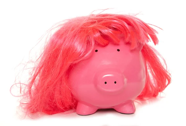 Piggy bank dragen roze pruik — Stockfoto