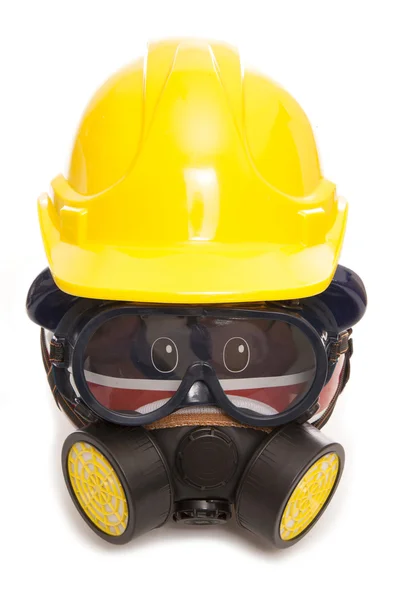 Piggy bank wearing gas mask and builders hard hat — Stock Photo, Image