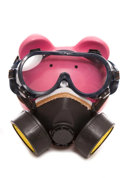 Piggy bank wearing industrial gas mask — Stock Photo, Image