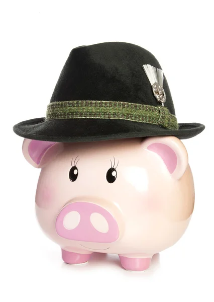 Piggy bank wearing bavarian beer hat — Stock Photo, Image