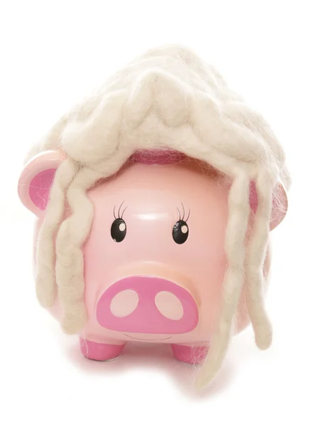 Banco porquinho usando uma peruca — Fotografia de Stock