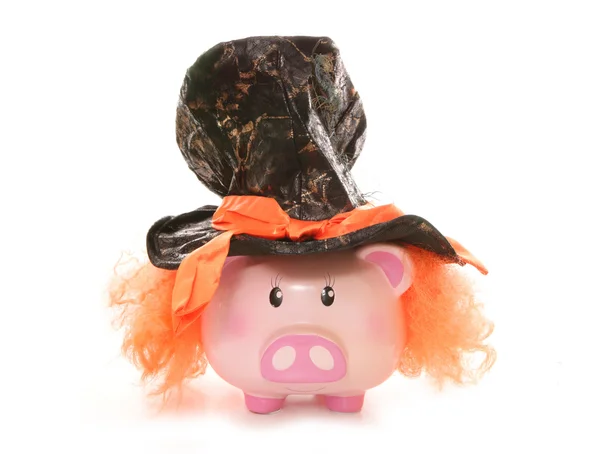 Banco porquinho vestindo chapéu chapeleiro louco — Fotografia de Stock