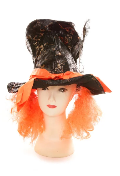 Mannequin wearing Mad hatter tea party hat and wig — Stock Photo, Image