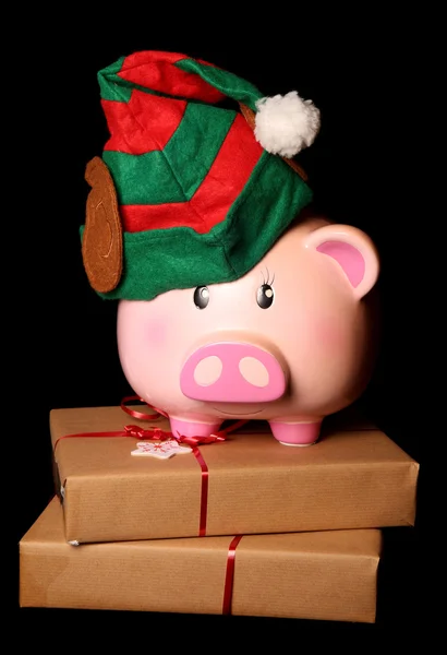 Megtakarítás karácsony malacka bank elf — Stock Fotó