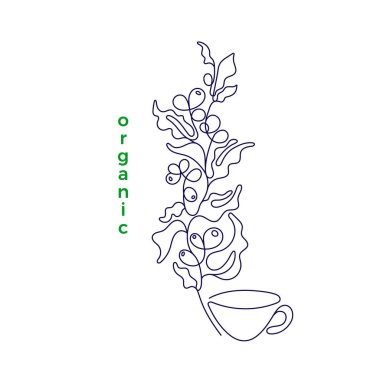 Beyaz arkaplanda siyah sanat çizgisi. İzole edilmiş vektör çizimi. Çizim asgari düzeyde. Organik kahve, fasulye, bir bardak içki.