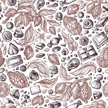 Çikolata desenli. Beyaz arkaplanda vektör grafik kusursuz iz. Kakao meyvesi, fasulye, şeker, klasik tarzda tatlılar. Sanat eskizi duvar kağıdı. Aroma doğal ürünü