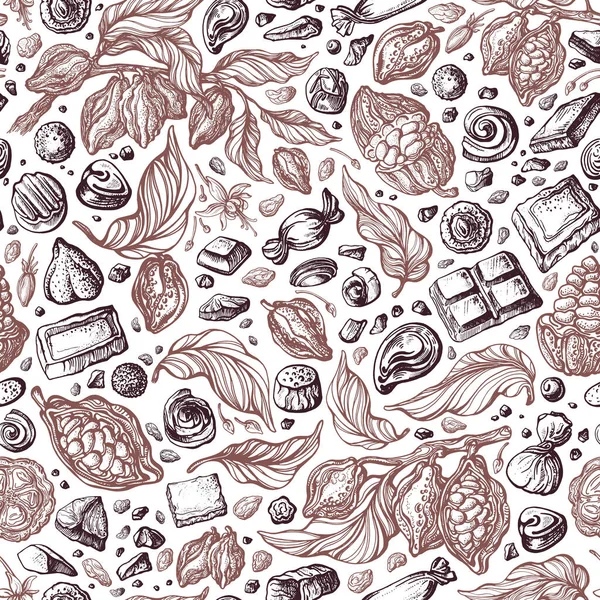 巧克力图案 白色背景上的矢量图形无缝打印 可可果 糖果的复古风格 艺术素描墙纸 芳香天然产品 — 图库矢量图片