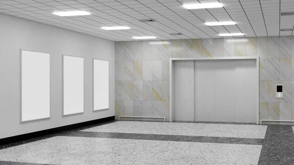 3D illustration, Mockup three signboard arrange on the wall at front of metallic elevators, lighting on ceiling, marble wall and floor at hall way in business building, Panoramic 3D rendering