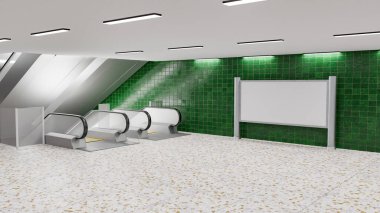 3D illüstrasyon, yeşil duvarın yanında yatay boş reklam panosu ve binadaki yürüyen merdiven, halka reklam vermek veya bilgi duyurusu yapmak için boş alan,