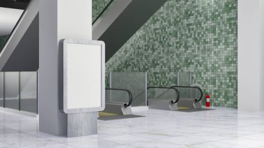 3D illüstrasyon, boş tabela. Yürüyen merdivenin yanındaki büyük direğin önünde dur. Yangın söndürücü ve çöp tenekesi mozaik duvarının yanında.