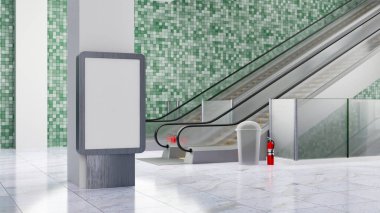 3D illüstrasyon, boş tabela standı yürüyen merdivenin yanındaki büyük direk, yangın söndürücü ve çöp tenekesi bölüm duvarı yakınındaki boş alan reklam ya da duyuru bilgisi eklemek için,