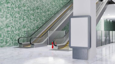 3D illüstrasyon, boş tabela tezgahı yürüyen merdivenin yanında, yangın söndürücü bölüm duvarının yanına yerleştirilmiş, reklam ya da duyuru yapmak için boş alan,