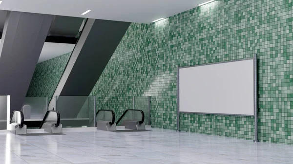 Illustration Perspective Large Blank Mock Billboard Green Mosaics Wall Escalator — Stock Photo, Image