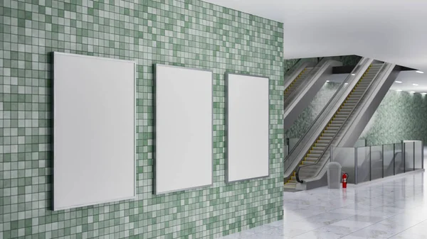Ilustração Três Placa Vertical Branco Com Moldura Parede Mosaicos Escada — Fotografia de Stock