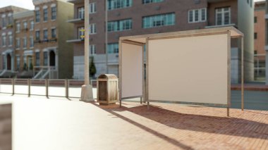 Sokak yolundaki otobüs durağındaki boş yatay reklam panosunu ve dikey tabelayı güneş ışığı, 3 boyutlu resimleme, reklam promosyonu veya bilgi eklemek için boş alan ile düzenle