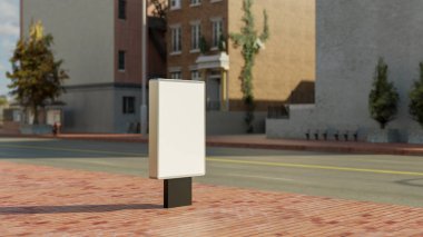 Şehir arkaplanındaki boş dikey sokak afişini, 3 boyutlu resimleme ilanını, reklam promosyonu veya bilgi eklemek için boş alanı düzenle