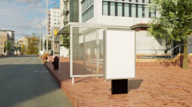 Şehir arkaplanındaki otobüs durağı yakınlarındaki boş dikey sokak poster kutusunu, 3 boyutlu resimleme, reklam promosyonu veya bilgi eklemek için boş alanı düzenle