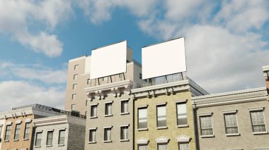 Aprisen açısı, Two Mock perspektifi şehir merkezindeki yüksek binanın çatısındaki boş büyük afiş panosu, üç boyutlu resimleme, reklam tanıtımı veya bilgi eklemek için boş alan