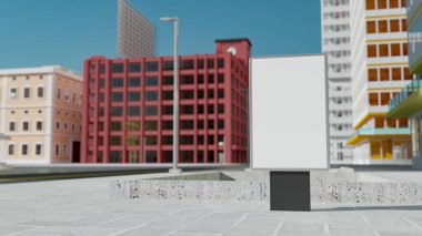 Metal tezgahtaki boş sokak posterlerini şehrin iş alanı arka planında, 3D resimleme, reklam promosyonu veya bilgi eklemek için boş alan