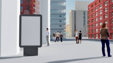 Metal standa boş sokak posterleri ve şehir iş bölgesinde birçok insan, üç boyutlu resimlendirme, reklam tanıtımı veya bilgi eklemek için boş alan
