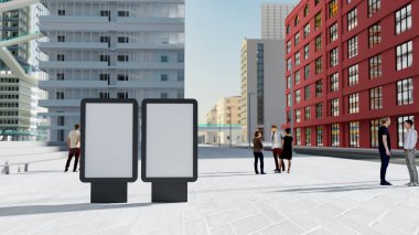 Siyahların durduğu yerde iki boş sokak reklamı ve şehir iş bölgesinde birçok insan, üç boyutlu resimleme, reklam tanıtımı veya bilgi eklemek için boş alan oluşturun