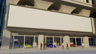  Girişteki araba galerisi reklamları için dikdörtgen reklam panosu, reklam tanıtımı veya şirket adı için boş alan, 3D resimleme