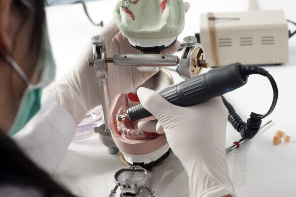 Dental technician working with articulator